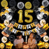 NANINUNENO 15th Gold Birthday Decorations,Gold Black Silver Happy Birthday Balloons Supplies for Boy Men Girl Women,15 Birthday Party Set with15 Gold Number Balloons Happy Birthday Banner and Whiskey Bottle Balloons