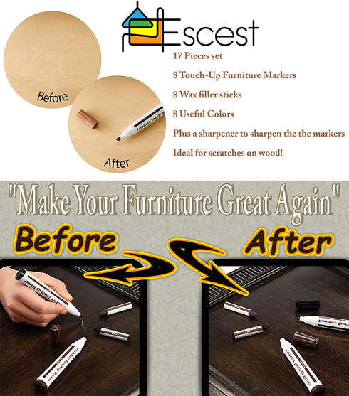 Escest Furniture Touch Up Repair 17Pc Set, Markers and Filler Sticks, Scratches Restore Kit, 8 Felt Tip Markers, 8 Filler Wax Sticks Crayons, 1 Sharpener, Fixing Wood Floors, Tables, Desks, Chairs