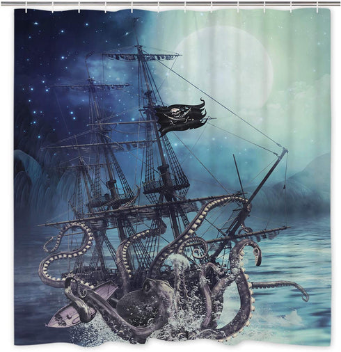 Octopus Shower Curtain Ocean Kraken Attack Nautical Pirate Ship Shower Curtain with 12 Hooks, Octopus Tentacles Sailboat Wave Mountain Under Moon Starry Sky Shower Curtain, Waterproof Durable