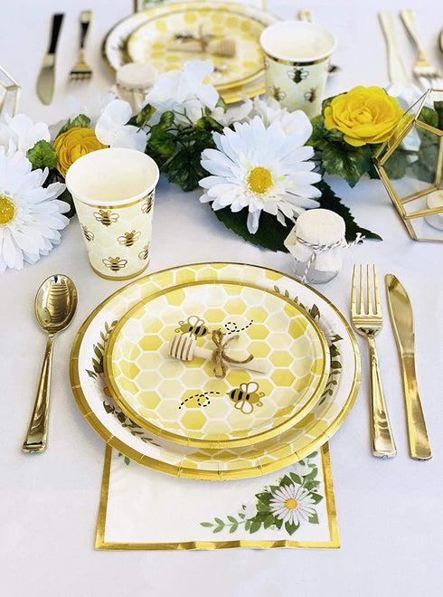 Bumble Bee Tableware Party Decorations | Paper Plates, Napkins, Beverage Cups | Baby Shower Gender Reveal Neutral Supplies, Birthdays and Weddings, Honeycomb, Yellow Floral, Gold Foil, Serves 16