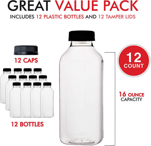 16 Oz Plastic Bottles with Caps, Reusable Bottles for Juicing, Smoothie Bottles with Lids, Plastic Bottles for Drinks, Juice Bottles 16oz 12 Count