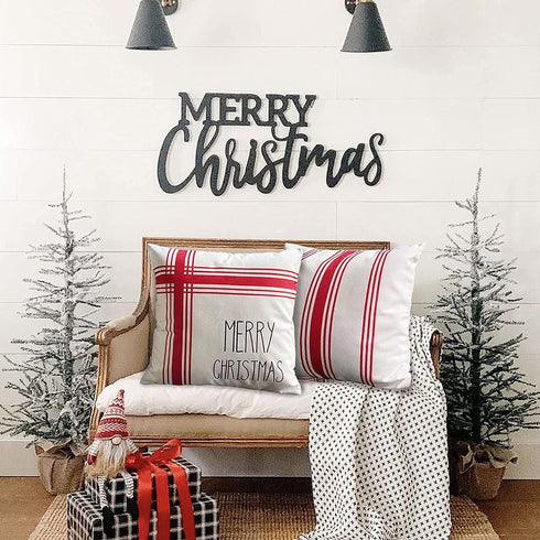 Christmas Pillow Covers 18x18 Inches Set of 4 Red Ticking Striped Merry Christmas Falala Merry&Bright Cushion Case Decoration for Sofa Couch Holiday Decor