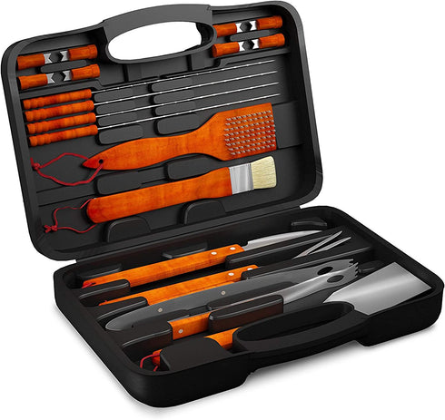 Home-Complete HC-1001 Wood BBQ Grill Tool Set-18 Pc Stainless Steel Barbecue Accessories with Wooden Handles and Case, Spatula, Tongs, Skewers