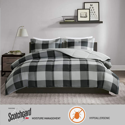 Madison Park Essentials Plaid Comforter Set Bedding Sets Modern All Season Bedding Set with Matching Sham, Full/Queen, Grey/Black