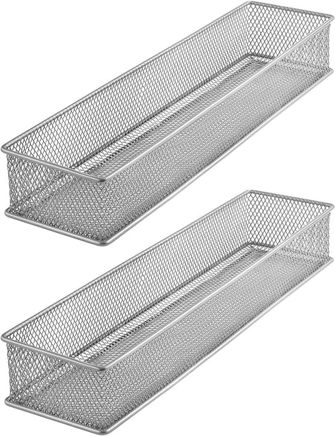 Ybm Home Silver Mesh Drawer Cabinet and or Shelf Organizer Bins, School Supply Holder Office Desktop Organizer Basket (2, 3x15x2 Inch)