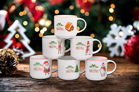 Christmas Coffee Mugs Set of 6 Large-sized 14 Ounce Christmas Theme Perfect For Christmas Gift Baskets Ceramic Coffee Mugs Restaurant Coffee Mugs By Bruntmor
