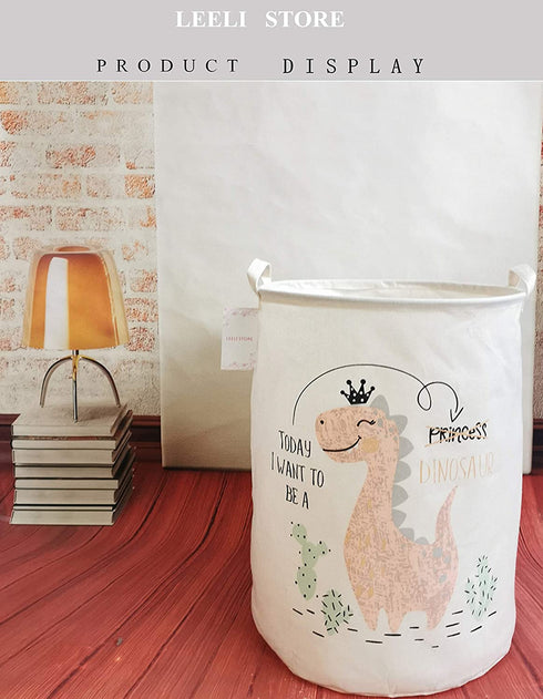 LEELI Laundry Hamper with Handles Collapsible Canvas Laundry Basket,Waterproof Storage Basket Home Organizer for Nursery,Clothes,Toys,Baby Hamper19.7—15.7(pink dinosaur)