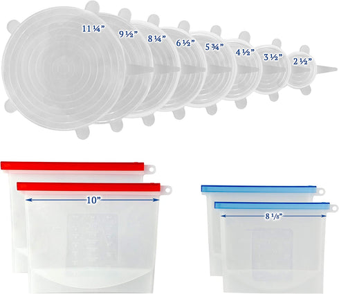 EcoPeaceful 8 Stretch Silicone Food Cover Lids (Largest Sizes XXL-XS ) 4 Silicone Zip Lock Bags (2 Small, 2 Large)