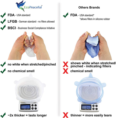 EcoPeaceful 8 Stretch Silicone Food Cover Lids (Largest Sizes XXL-XS ) 4 Silicone Zip Lock Bags (2 Small, 2 Large)