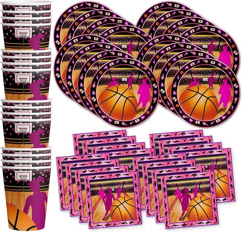 Pink Basketball Girl Birthday Party Supplies Set Plates Napkins Cups Tableware Kit for 16