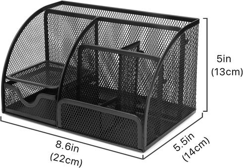 Flexzion Desk Organizer Office Supplies Accessories Desktop Tabletop Sorter Shelf Pencil Holder Caddy Set - Metal Mesh with Drawer and 6 Compartments (Black)