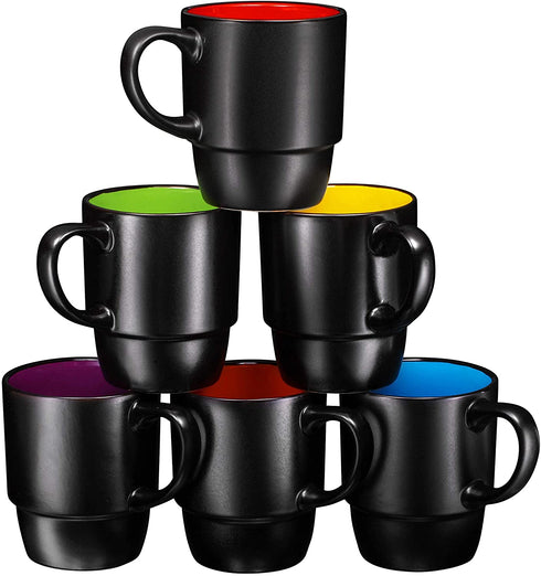 Ceramic Stacking Coffee Mug Tea Cup Dishwasher Safe Set of 6 - Large 18 Ounce, Matte Black