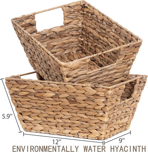 Water Hyacinth Storage Baskets Natural Handwoven Stackable Organizer Wicker Basket Bin With Handles for Cabinets,Cupboards,Shelves, Hold Vegetable,Towels Books Snacks Bottles 2 Pack 12x9x6 Natural/Tan