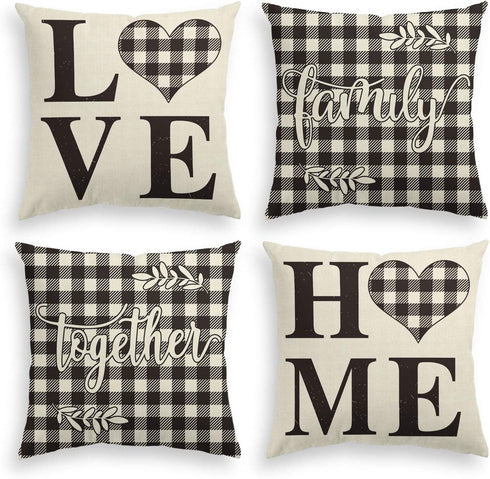 AVOIN Family Saying Buffalo Plaid Throw Pillow Cover, 18 x 18 Inch Holiday Love Home Easter Day Fall Cushion Case for Sofa Couch Set of 4