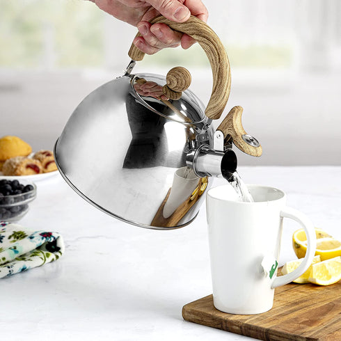 Primula Stewart Whistling Stovetop Tea Kettle Food Grade Stainless Steel, Hot Water Fast to Boil, Cool Touch Folding, 1.5 Qt, Polished Silver with Wood Handle