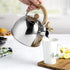 Primula Stewart Whistling Stovetop Tea Kettle Food Grade Stainless Steel, Hot Water Fast to Boil, Cool Touch Folding, 1.5 Qt, Polished Silver with Wood Handle