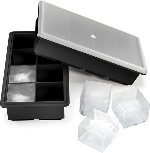 Vremi Stackable Large Ice Cube Trays ” Pack of 2 Silicone Trays ” 8 Cubes per Tray ” Ideal for Cocktails, Frozen Treats, Soups, Sauces, and Baby Food ” BPA Free with Frost Resistant Lids ” Black