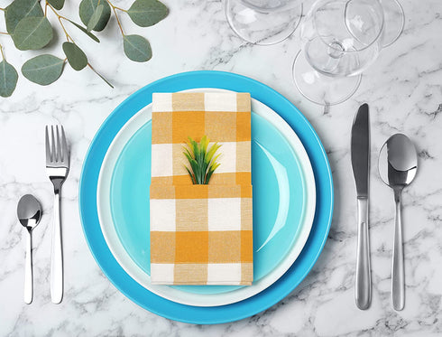 Cloth Dinner Napkin Gingham Plaid Check Fabric-18X18 Mustard White, Wedding Napkins, Cocktails Napkins, Fabric Napkins, Cotton Napkins, Mitered Corners & Generous Hem, Dinner Napkins Set of 12