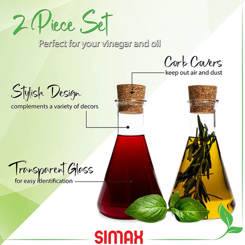 Simax Oil And Vinegar Dispenser Set: Borosilicate Glass Kitchen Oil Dispenser Set with Cork Top - Olive Oil And Vinegar Dispenser Bottle - Oil Vinegar Dispenser Set - Olive Oil Cruet Set of 2-8 Oz