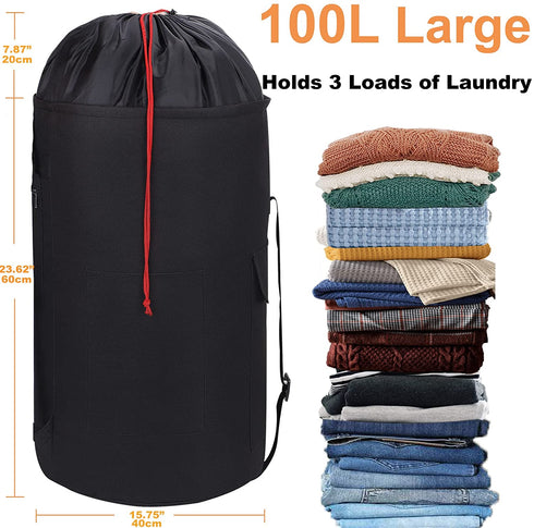 Laundry Bag Backpack for College Students, 100L Large Laundry Bag with Padded Shoulder Straps, 5 Storage Pockets, 1 Mesh Wash Bag, Portable Sturdy Laundry Bag with Handle, Hanging Dorm Backpack Black