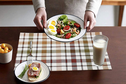Ruvanti Placemats for Dinning Table. 100% Cotton 13x19 Inch Placemats Set of 6, Brown Check Woven Placemats. Tablemats for Farmhouse, Spring placemats, Tablemats for Christmas / Thanksgiving Dinners.