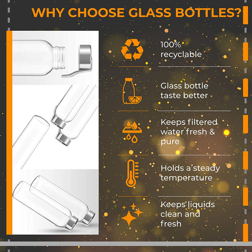 Chef's Star 18 Oz Glass Water Bottles, Glass Drinking Bottle with Protection Sleeve, Juice Bottles with Stainless Steel Leak Proof Lids, Pack of 6