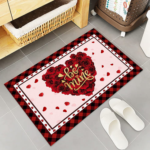ALAGEO Valentine's Day Doormat Red Love Heart with Rose Flowers Entrance Mat Be Mine Farmhouse Buffalo Plaid Valentine Decorative Floor Mat Non Slip Washable Welcome Mats for Home Decor