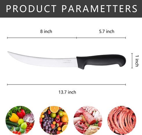 BOLEXINO 8 Inch Curved Steak Knive, Long Butcher Breaking Knife for Slicer, Meat Cutting Chef Knife, High-carbon Stainless Steel Cimeter Scimitar Knife w/Rgonomic Handle