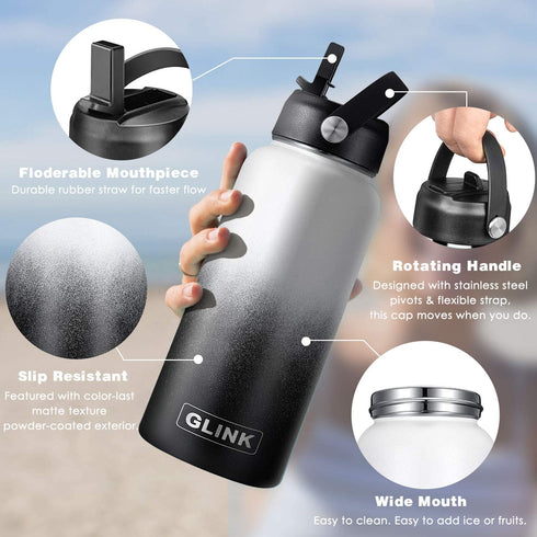 Glink Stainless Steel Water Bottle with Straw, 12-64 oz Wide Mouth Double Wall Vacuum Insulated Water Bottle Leakproof, Straw Lid and Spout Lid with New Rotating Rubber Handle