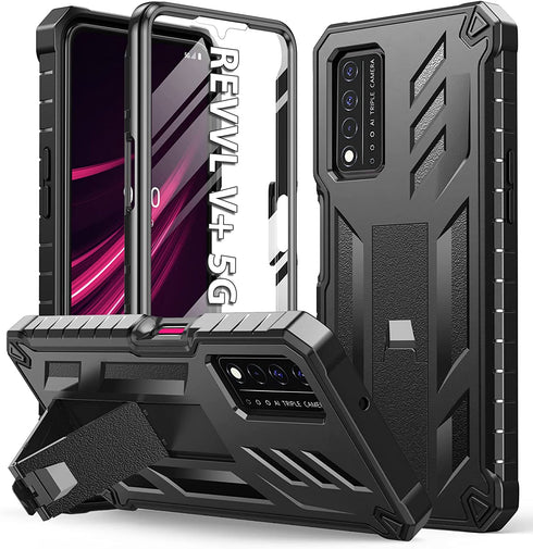 for T-Mobile REVVL V Plus 5G Case: Built-in Screen Protector Kickstand Full Body Dual-Layer Protective Shockproof Heavy-Duty Military Grade Tough Rugged SOiOS Phone Cover - Black