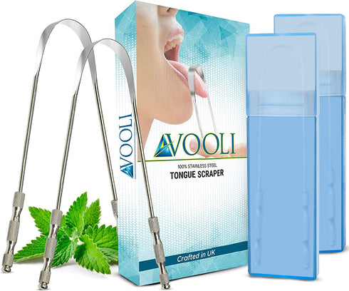 AVOOLI Metal Tongue Scraper with Case, Pack of 2 - Stainless Steel Tounge Scraper Cleaner for Bad Breath Remover, Tongue Cleaner for Adults, Metal Tounge Scrappers, Oral Hygiene Toungescrapper Kit