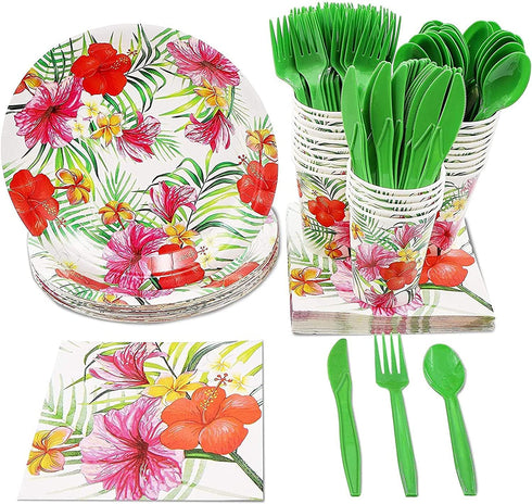 Hawaiian Luau Dinnerware Set, Tropical Party Supplies (Serves 24, 144 Pieces)