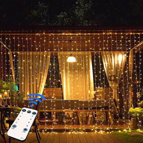 JMEXSUSS Remote Control Curtain Lights Plug in Curtain Lights Outdoor,300 LED Window Wall Hanging Curtain String Light for Bedroom Wedding Party Backdrop Garden Indoor Christmas (Warm White)