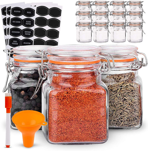Spice Jars - 12 Airtight Flip Top Bottles with 40 Labels & Chalkboard Pen - Complete Set of 3.4 Ounce Square Empty Spice Bottles with Funnel | Kitchen Spice Organizer Clear Glass Jars