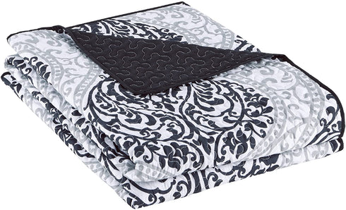 Comfort Spaces Coco 2 Piece Quilt Coverlet Bedspread Ultra Soft Printed Damask Pattern Hypoallergenic Bedding Set, Twin/Twin XL, Black
