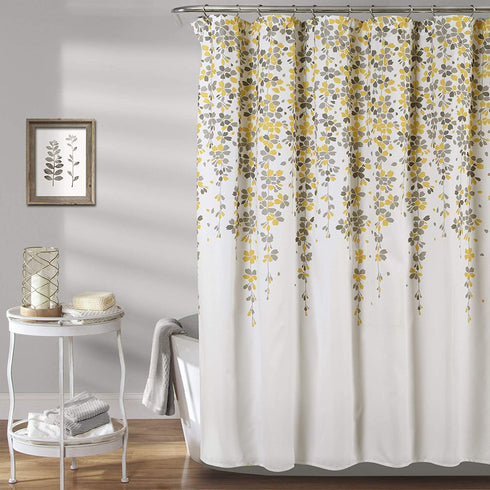 Lush Decor Weeping Flower Shower Curtain-Fabric Floral Vine Print Design, 72 x 72, Yellow & Gray
