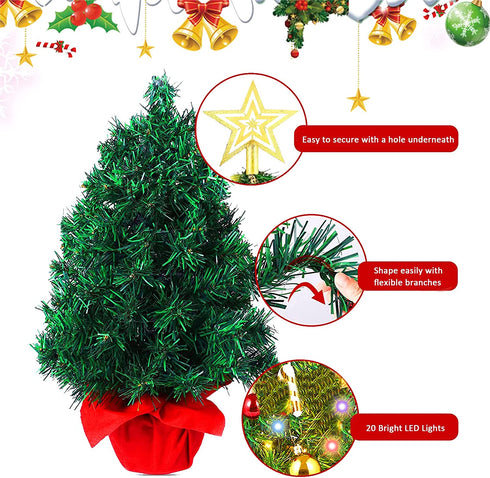 Small Christmas Tree, 2ft Mini Christmas Tree, Artificial Small Desktop Xmas Tree with Lights and Tree Ornaments, for Christmas Thanksgiving Decorations