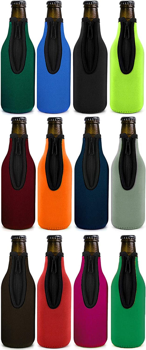Beer Bottle Insulator Sleeve Different Color. Zip-up Bottle Jackets. Keeps Beer Cold and Hands Warm. Classic Extra Thick Neoprene with Stitched Fabric Edges, Enclosed Bottom, Perfect Fit (Pack-of-12)