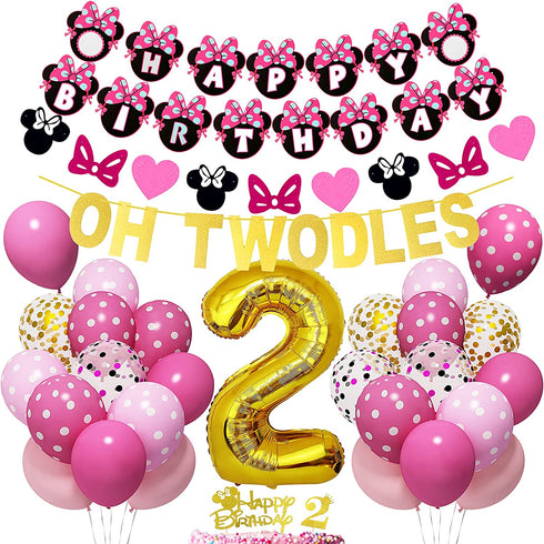 Amandir Cartoon Mouse 2nd Birthday Party Supplies, Oh Twodles Happy Birthday Banner Number 2 Pink Balloons Cartoon Mouse Cake Topper for 2nd Minie Mouse Birthday Party Favors Decorations for Girls