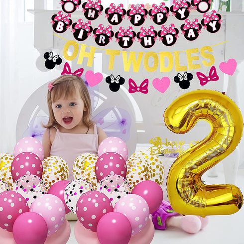 Amandir Cartoon Mouse 2nd Birthday Party Supplies, Oh Twodles Happy Birthday Banner Number 2 Pink Balloons Cartoon Mouse Cake Topper for 2nd Minie Mouse Birthday Party Favors Decorations for Girls