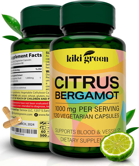 Citrus Bergamot Supplement for high Cholesterol 1000 mg - Cholesterol lowering Supplements 120 Bergamot Capsules , Citrus Bergamot for Cholesterol Non-GMO & Vegan by KIKI Green