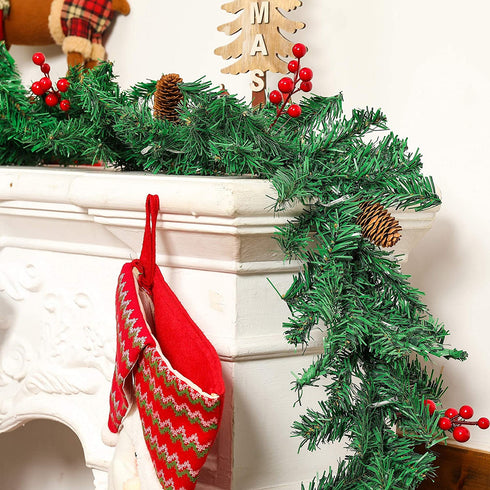 9 Ft Pre-lit Lighted Christmas Garland Decor, Festive Holiday Decoration for Outdoor/Indoor, Green Pine Branches with Red Berries and Pine Cones, Waterproof 50 Warm Lights with Timer