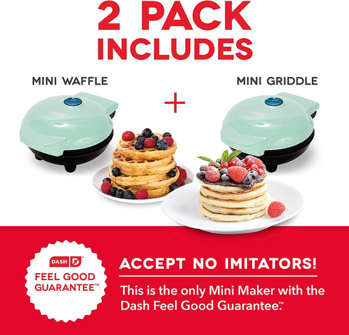 Dash Mini Maker Waffle Maker + Griddle, 2-Pack Griddle + Waffle Iron - Aqua