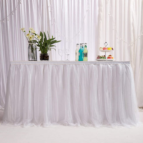 6ft/183cm White Tulle Tutu Table Skirt, Wedding Bridesmaid Sister Costume,Party Skirt, Rectangle Or Round Decorative Table Decoration, Fashion Deluxe Romantic Birthday Party Baby Shower (Wave)