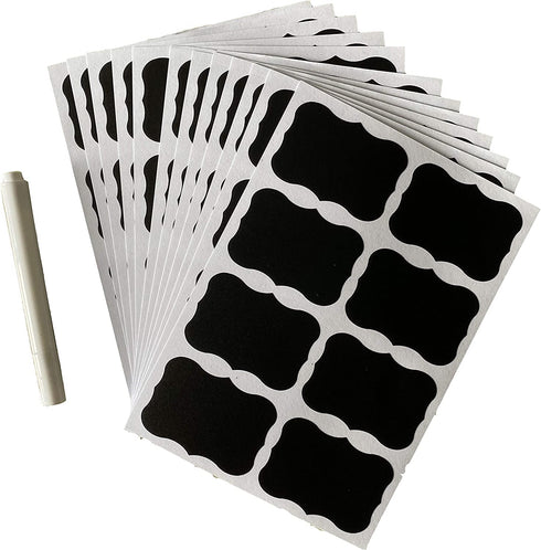 FirstZi 96pcs 50mmx35mm Black Resuable Chalkboard Sticker Labels for Storage Bins, Glass Jars, Canisters, Bottles, Pantry, Crafts, with 1pc White Chalk Marker