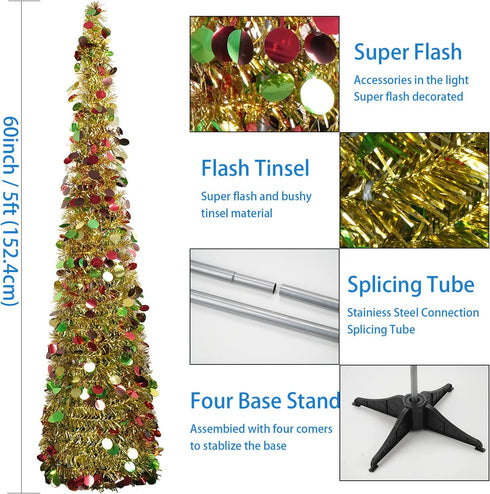 Artificial Christmas Tree,5ft Pop Up Pencil Tinsel Trees for Home Decorations Indoor Holiday Party WOKEISE(Colourful Gold)