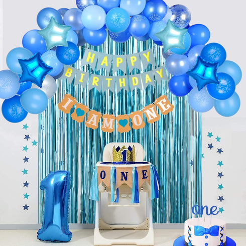 EAF 1st Birthday Boy Decorations 78PCS Blue 1st Birthday Decorations for Boy with Blue Tinsel Curtain, 12 Months Photo Banner, 1st Birthday Highchair Banner, I AM ONE and Happy Birthday Banner