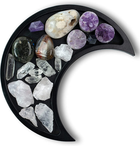 Moon Tray Crystal Holder Display - Black Wooden Crystal Tray for Stones, Healing Crystals Storage and Organizer - Crescent Gothic Witchy Coffin Spiritual Decor - Essential Oil Holder - Jewelry Dish