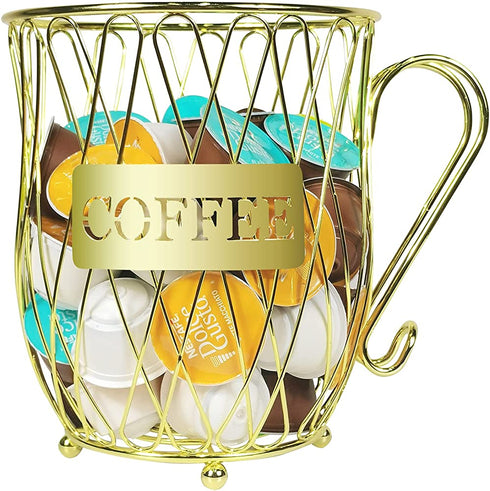 Golden K Cup Holder, 50 Coffee Pod Holder, Large Capacity Kcups Pod Organizer for Coffee Bar Decor, Coffee Pod Storage Basket Accessories for Counter, Table
