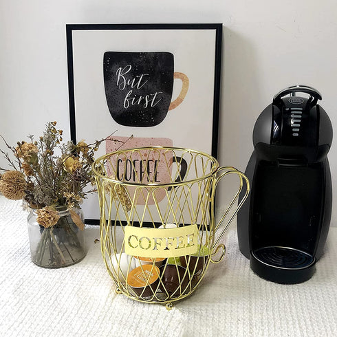 Golden K Cup Holder, 50 Coffee Pod Holder, Large Capacity Kcups Pod Organizer for Coffee Bar Decor, Coffee Pod Storage Basket Accessories for Counter, Table
